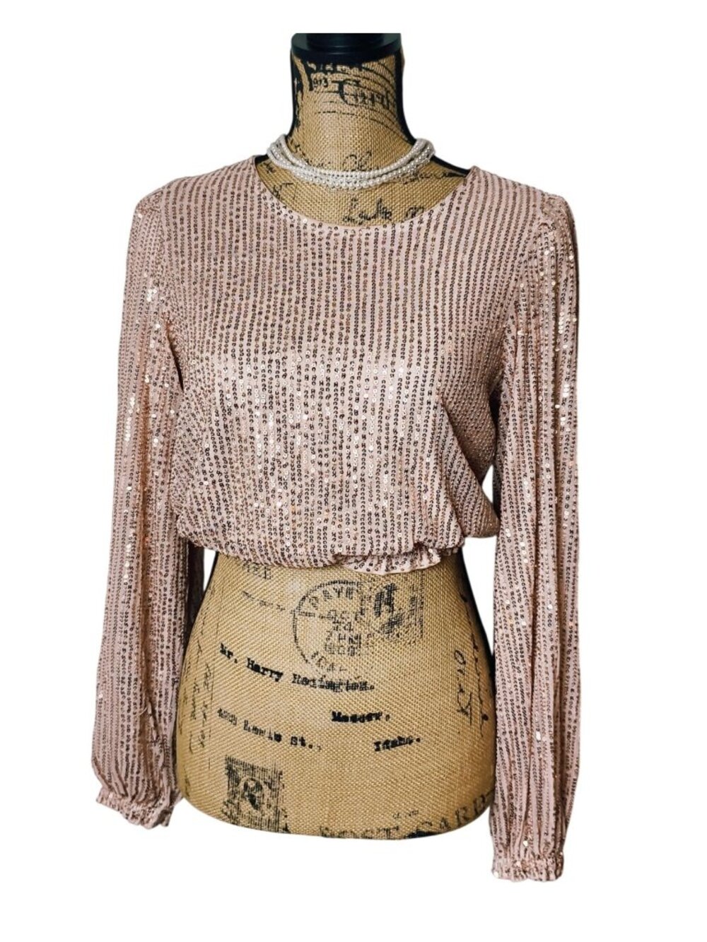 Womens S Rose Gold Sequin-Embellished Crop Long Slv Blouse Elegant Evening Party